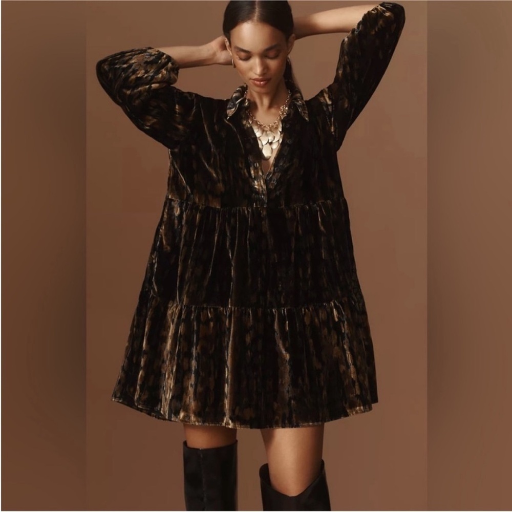 Anthropologie x Maeve The Bettina Velvet Tiered Mini Shirt Dress Size S NWT